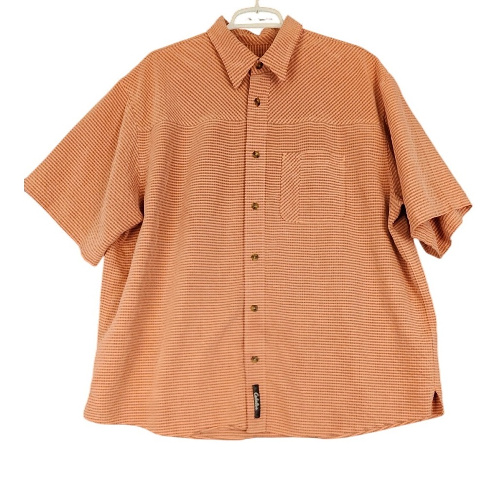 Cabela's XL Orange‎ Striped Button Up Short Sleeve Camp Shirt Menswear